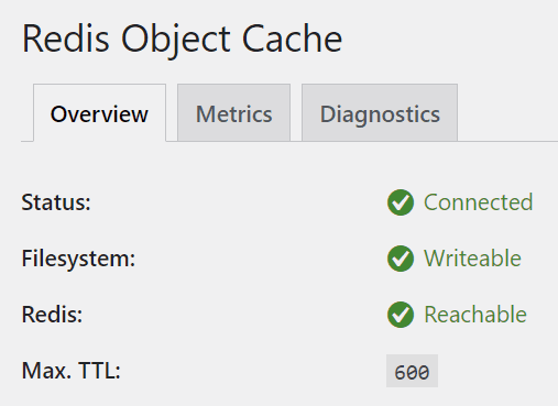 A screenshot of the settings page for the Redis Object Cache plugin.